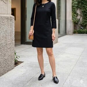 J. Crew Black Wool “Jules” Shift Dress 3/4 Sleeves with Front Pockets Scoop Neck